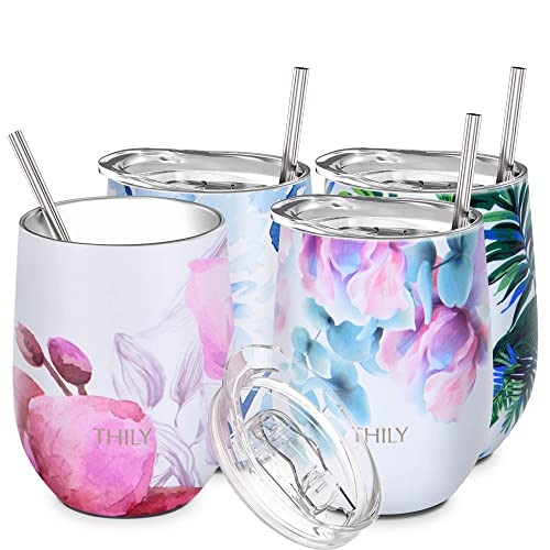 Stainless Steel Stemless Wine Tumbler 4 Pack Vacuum Insulated Travel Wine Glasses with Sliding Lids and Straws (4 Pack - Flower Series / 4 Count (Pack of 1))