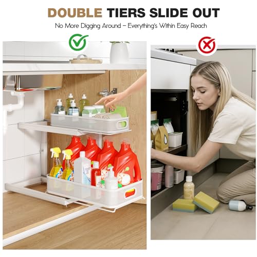 2 Pack Under Sink Storage Organizer with 2 (White / 2 Pack-15.4"Dx11.8"-16.5"H)