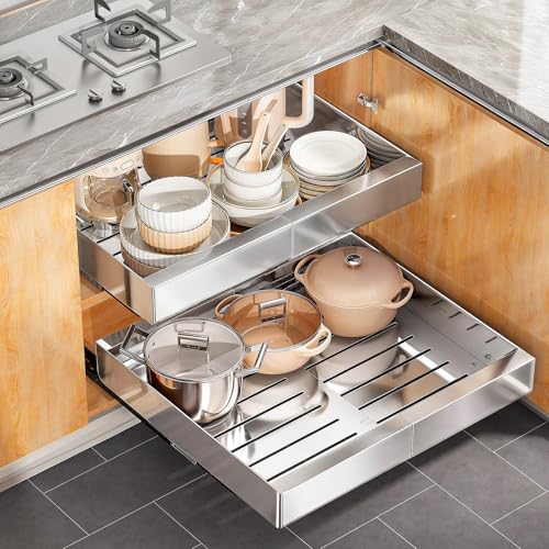 Pull out Cabinet Organizer (Silver / 21"D×12"-20"W(2 Pack))