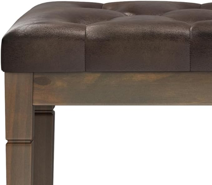 SIMPLIHOME Waverly Tufted Ottoman Bench - 48 inch Wide Upholstered Vegan Leather Rectangle Footstool Ottoman in Distressed Brown, Traditional Bench for Bedroom or Living Room with Carved Legs