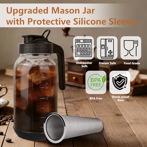 Cold Brew Coffee Maker (Black with Short Silicone Sleeve / 64 Ounces)