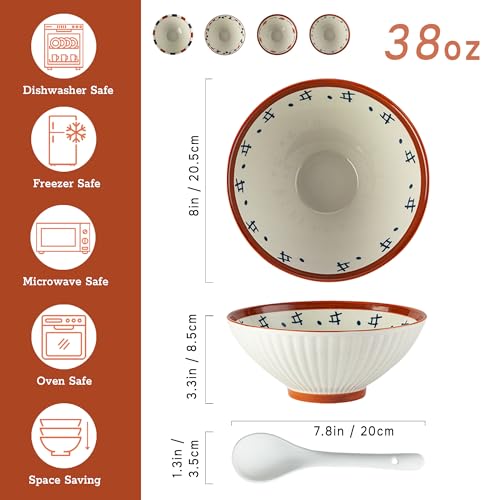 8 Inch 38OZ Ceramic Ramen Soup Bowl Set of 4 with spoons (Brown and White)