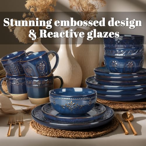16 Piece Handcrafted Ceramic Dinnerware Set with Mugs (Multiple Patterns (16 Pieces) (Blue))