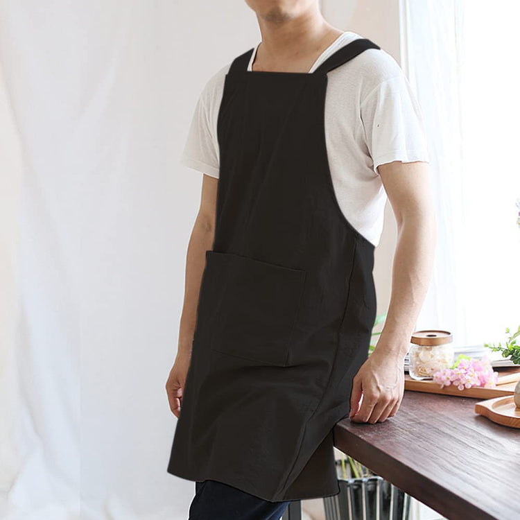 Japanese Linen Cross Back Kitchen Cooking Aprons for Men with Pockets for Baking Painting Gardening Cleaning Black