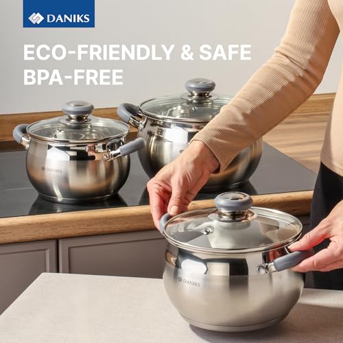 Modern 6 Piece Stainless Steel Cookware Set with Glass Lids (6 Count)