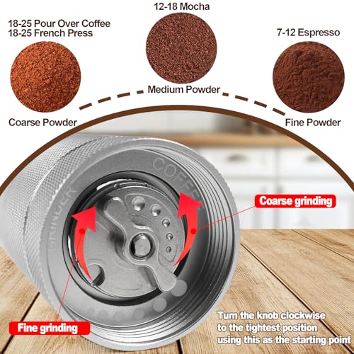 Manual Coffee Grinder Gift Box Detachable Stainless Steel Conical Burr Aluminum Coffee Bean Grinder with 25 Grinding Settings Cleaning Brush Grindable Espresso Moka Pot for Camping Silver (Detachable / Silver)