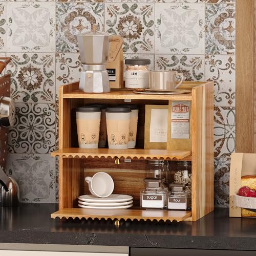 Acacia Bread Box for Kitchen Countertop Wood Bread Storage Container Bin Double Layer BreadBox Farmhouse Large Capacity Food Organizer (Acacia Wood)