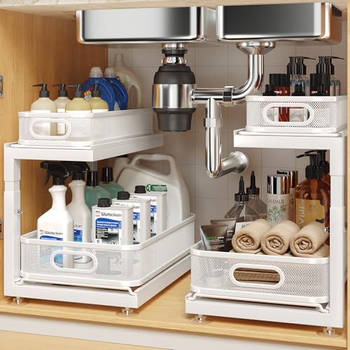 2 Pack Under Sink Storage Organizer with 2 (White / 2 Pack-15.4"Dx11.8"-16.5"H)