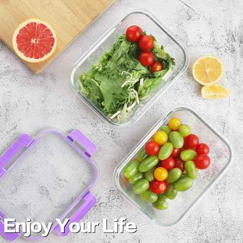 8 Pack 36oz Large Glass Meal Prep Containers with Leak Proof Snap (Purple / 8 Pack 36oz)
