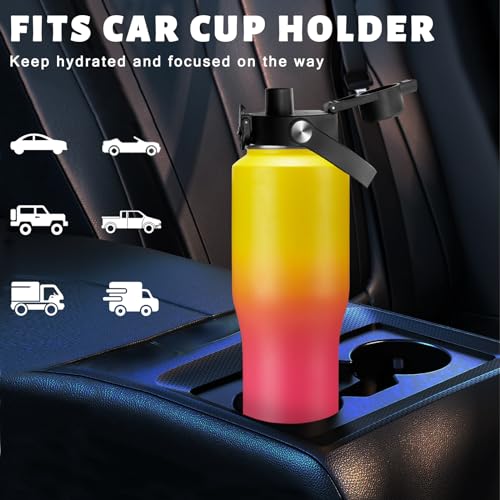 32 oz Travel Coffee Mug & Water Bottle Fits Car Cup Holder Straw Spout Lids (Yellow Pink / 32 Ounces)
