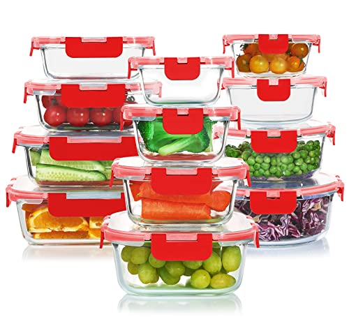 24 Pieces Glass Food Storage Containers Set (Red / 12 Pack)