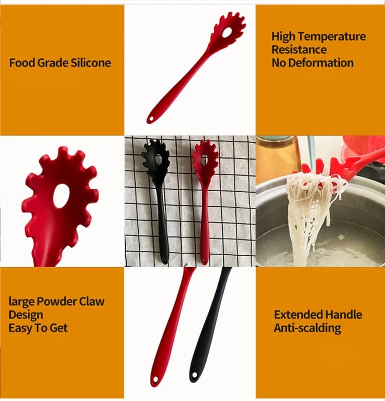 Silicone Pasta Fork (11.5"), High Heat Resistant to 480°F, Hygienic One Piece Design, Spaghetti Strainer & Server Spoon Pasta Forks (Gray)