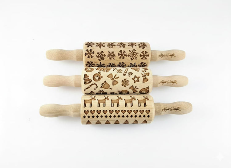 CHRISTMAS 3 Mini Embossed Rolling Pin Set Wooden Laser Engraved Textured rolling pins with Snowflakes