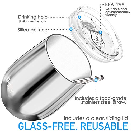 Vacuum Insulated Stemless Wine Tumbler 4 Pack Stainless Steel Wine Glass with Lid and Straw (4 Pack - Mirror Silver / 4 Count (Pack of 1))