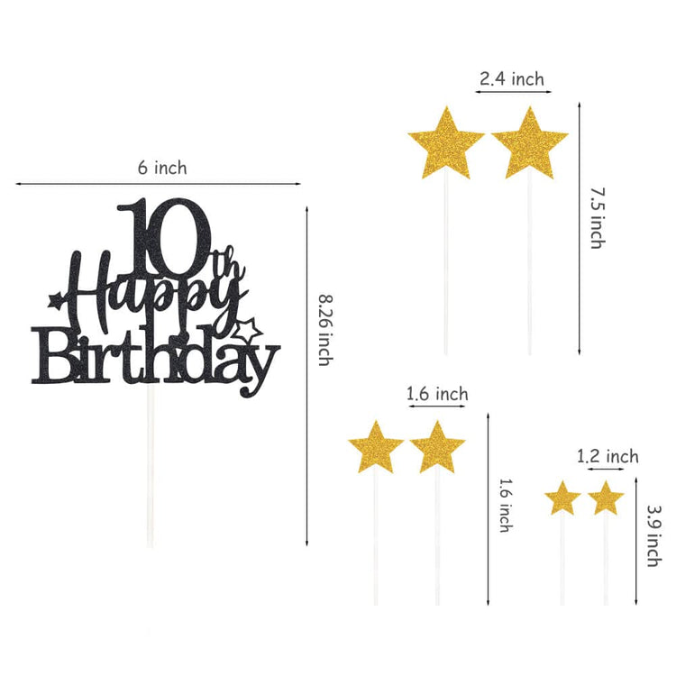 Black Gold 10th Birthday Cake Topper with Glittery Stars (7 Count)