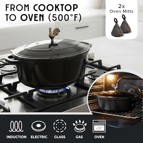 5.5 Quart Enameled Cast Iron Oval Dutch Oven with Rooster Knob & Cotton Potholders