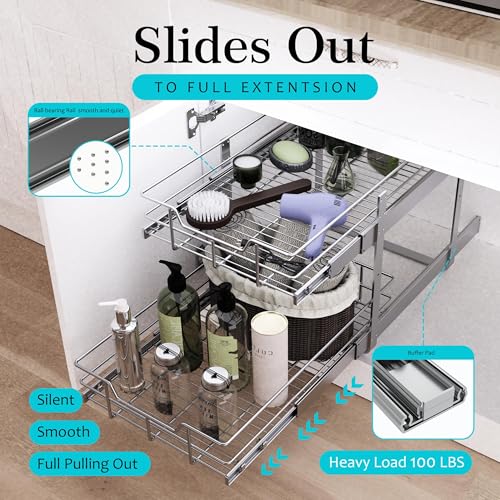 2 Tier Pull Out Cabinet Organizer 11" W X 22" D (2 Tier - Chrome-Plated / 11" W X 22" D)