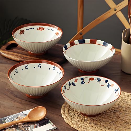 8 Inch 38OZ Ceramic Ramen Soup Bowl Set of 4 with spoons (Brown and White)