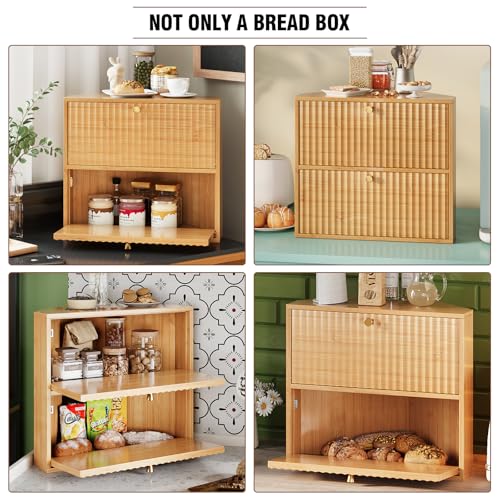 Corner Bread Box for Kitchen Countertop Bamboo Two Layer Large Capacity Bread Storage Bin Vintage Storage for Homemade Bread (Natural Bamboo)