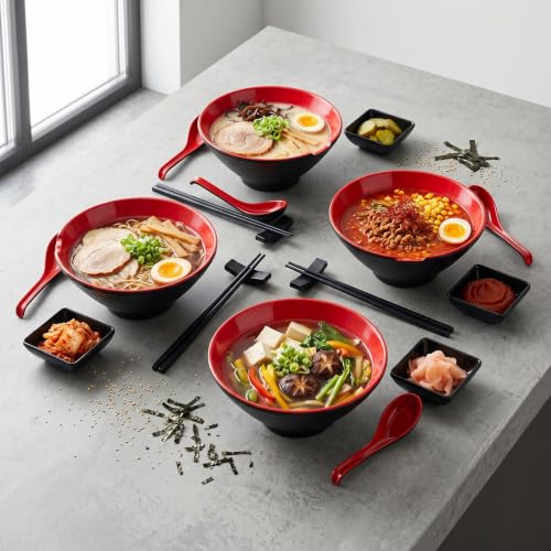 Unbreakable Melamine Ramen Bowl Set (4 piece set) (Red-Black / Set-4)