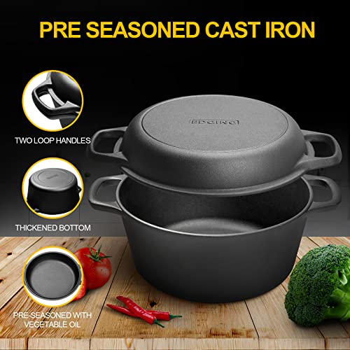 2-in-1 Pre-Seasoned Cast Iron Dutch Oven Pot with Skillet Lid Cooking Pan, Cast Iron Skillet Cookware Pan Set with Dual Handles, Indoor Outdoor for Bread/Frying/Baking/Camping/BBQ, 5 Qt (5QT)