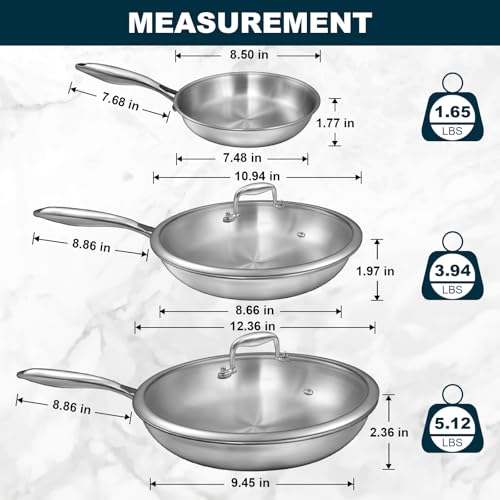 Tri Ply Stainless Steel Frying Pans Set with Lid