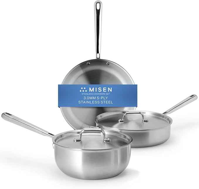 Misen 5-Ply Stainless Steel Cookware Set - Versatile, Dishwasher Safe - 5-Piece Set - 10" Skillet, 3 QT Saute Pan + Lid, 3 QT Saucier + Lid