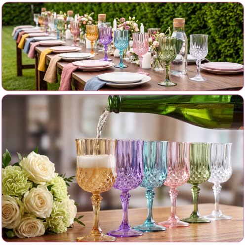 Multicolor 7oz Plastic Vintage Wine Glasses Drinking Goblets Unbreakable Crystal Water Glassware Reusable Diamond Champagne Flutes Cups for Wedding Banquet Birthday Party Supplies (48 Count)