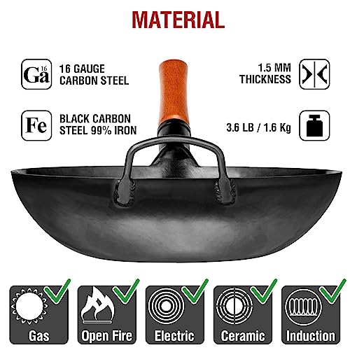 13.5" Pre Seasoned Flat Bottom Black Carbon Steel Wok for Stir Fry