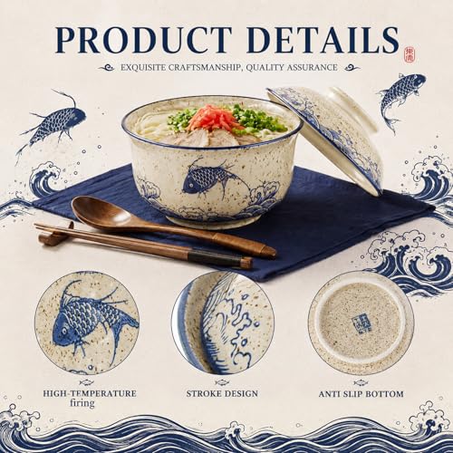 25oz Ramen Bowls Set of 4 Japanese Dinnerware Set with Lid (Fish)