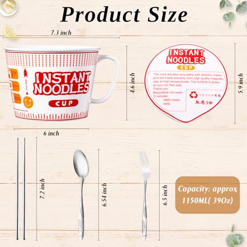 6 Pcs Japanese Ramen Bowl Set Includes 3 Pcs Instant Noodle Bowl with Lid Microwave Ramen Noodles Cup Holder 3 Pcs Silverware Set Flatware Sets for Home Office College Dorm Room (39 oz)