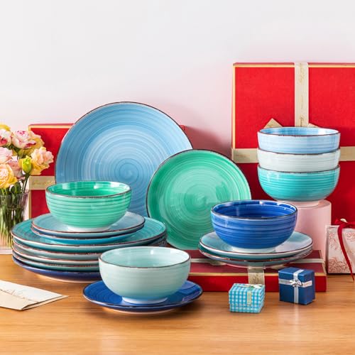 Bonita Plates and Bowls Set 18 Pieces Blue Stoneware Service for 6 (18 Count)