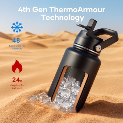 40 oz Insulated Water Bottle with Paracord Handle & Straw Spout Lids (40 Ounces / Black)