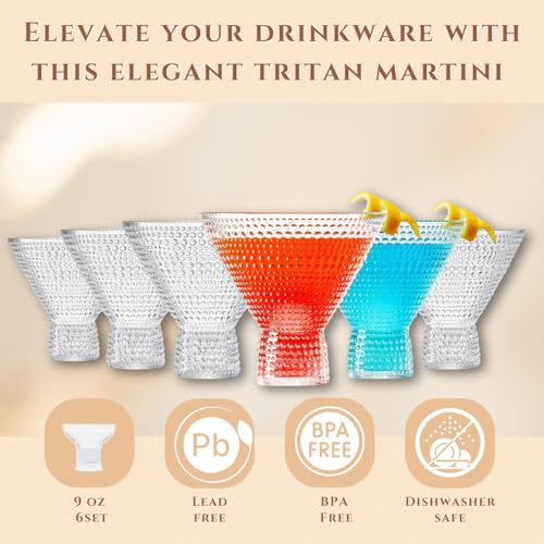 Plastic Hobnail Martini & Cocktail Drinking Glasses Set of 6 Clear Cups 14oz