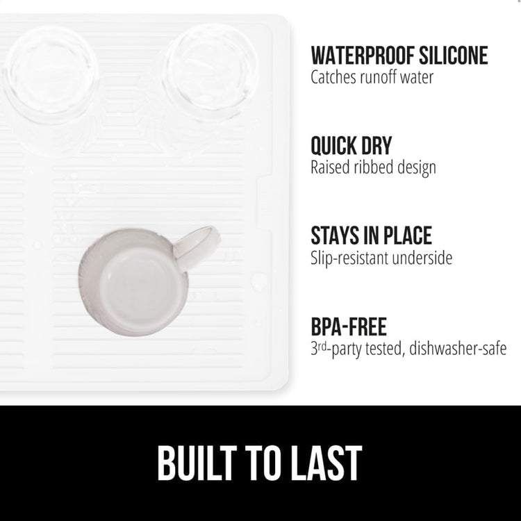 GORILLA GRIP 100% BPA-Free Patented Silicone Dish Drying Mat for Kitchen Counter, 18x16 Inch, Water Catching Ribbed Design, Easy Clean Waterproof Sink Liner, Heat Resistant, Fits Under Rack, White