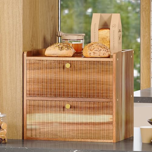 Acacia Bread Box for Kitchen Countertop Wood Bread Storage Container Bin Double Layer BreadBox Farmhouse Large Capacity Food Organizer (Acacia Wood)
