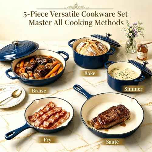 5 Piece Navy Blue Enameled Cast Iron Cookware Set