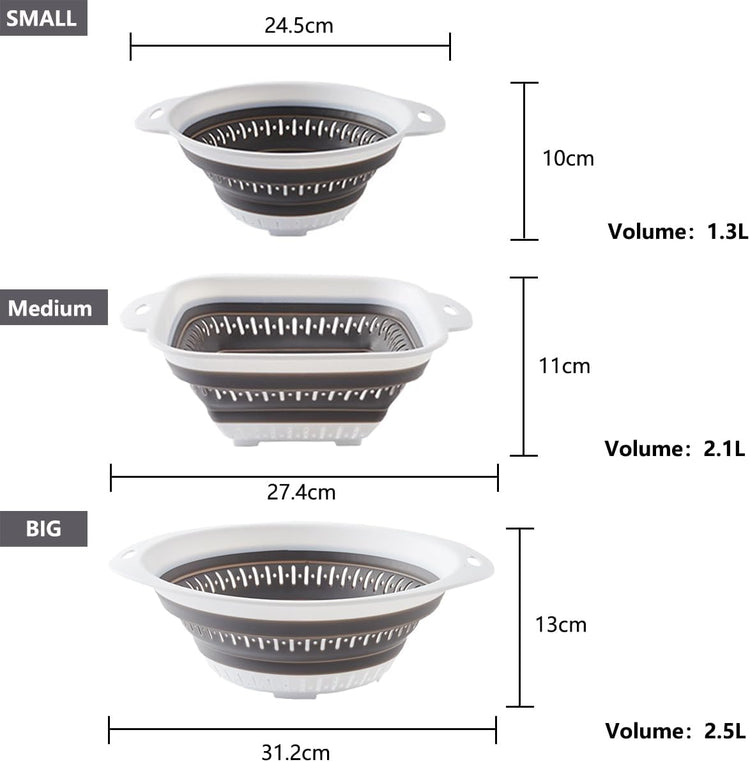 LogFaadCoi 3 Pcs Collapsible Colander and Strainer,Silicone Strainer Colanders & Food Strainers,for Vegetable and Fruit, Kitchen Essentials, white