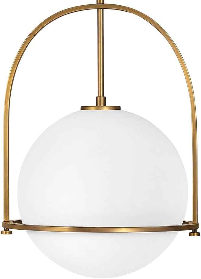 Hinkley Somerset Medium Pendant Light, Etched Opal Glass Modern Globe Shade, Adjustable Height, Sloped Ceiling Compatible, Vintage-Inspired Metal Yoke Frame, Dry Rated, Heritage Brass Finish