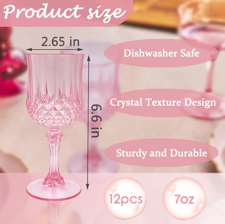 Plastic Wine Glasses,Plastic Goblets Vintage Style Cordial Drinking Glasses for Wedding Reception, Grand Event Party Supplies (12, Pink)