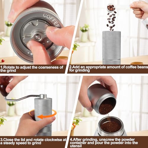 Manual Coffee Grinder Gift Box Detachable Stainless Steel Conical Burr Aluminum Coffee Bean Grinder with 25 Grinding Settings Cleaning Brush Grindable Espresso Moka Pot for Camping Silver (Detachable / Silver)