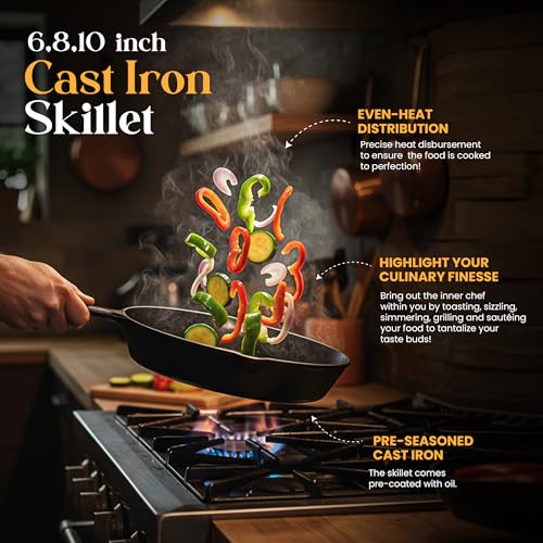 Cast Iron Skillet Set 3 Piece 6 8 10 Inch PFAS (Black)