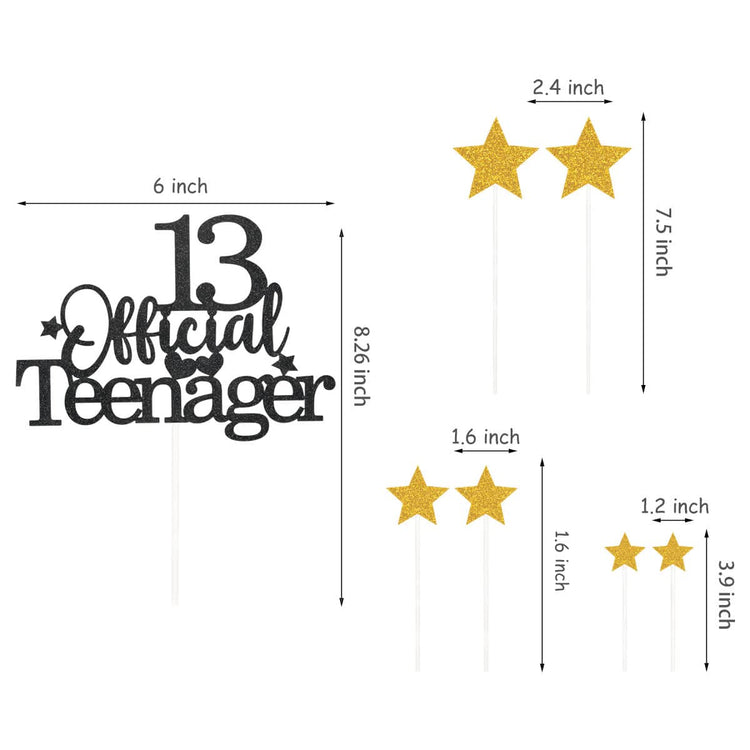 Black Gold 13th Birthday Cake Topper with Glittery Stars (7 Count)