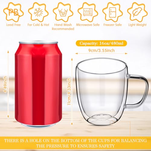 8 Pcs 16oz Clear Glass Coffee Mugs Double Walled Coffee Cups Glasses Insulated Latte Mugs with Handle Espresso Clear Cups for Cappuccino Tea (480ml / Clear)