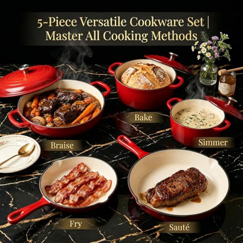 5 Piece Red Enameled Cast Iron Cookware Set