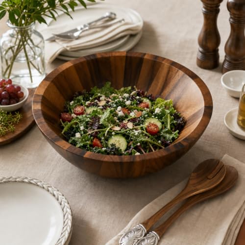 Large Acacia Wood Salad Serving Bowl (4" Tall x 11" Diameter)