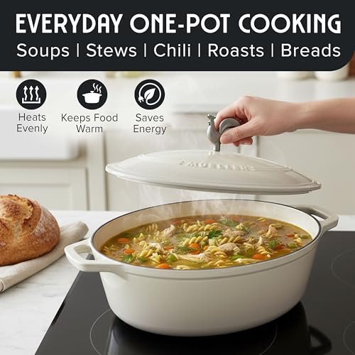 5.5 Quart Enameled Cast Iron Oval Dutch Oven with Rooster Knob & Cotton Potholders
