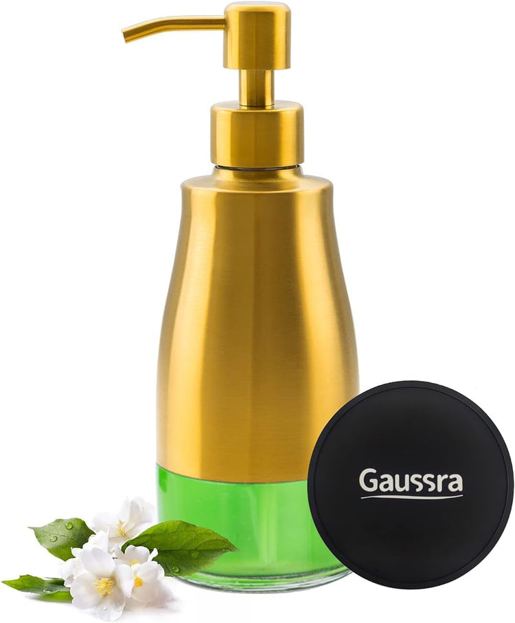 Soap Dispenser with Coaster and Stickers, Brushed Gold Stainless Steel Glass Hand Pump Dispenser, Anti Rust Bottle, for Kitchen & Bathroom Detergent Bottle,Refillable Hand Liquid Dispenser