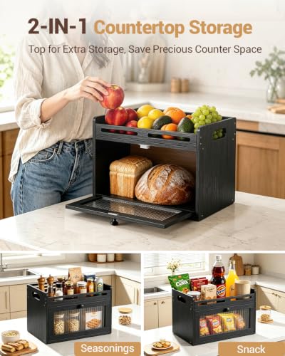 Bread Box for Kitchen Countertop (Black / 1-Tier)