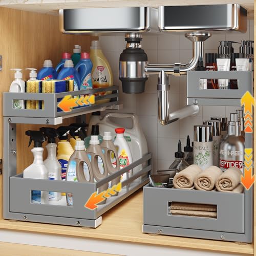 2 Pack 17"Deep Under Sink Organizer And Storage (2 Pack-17"Dx11.4"-16.34"H / Gray)